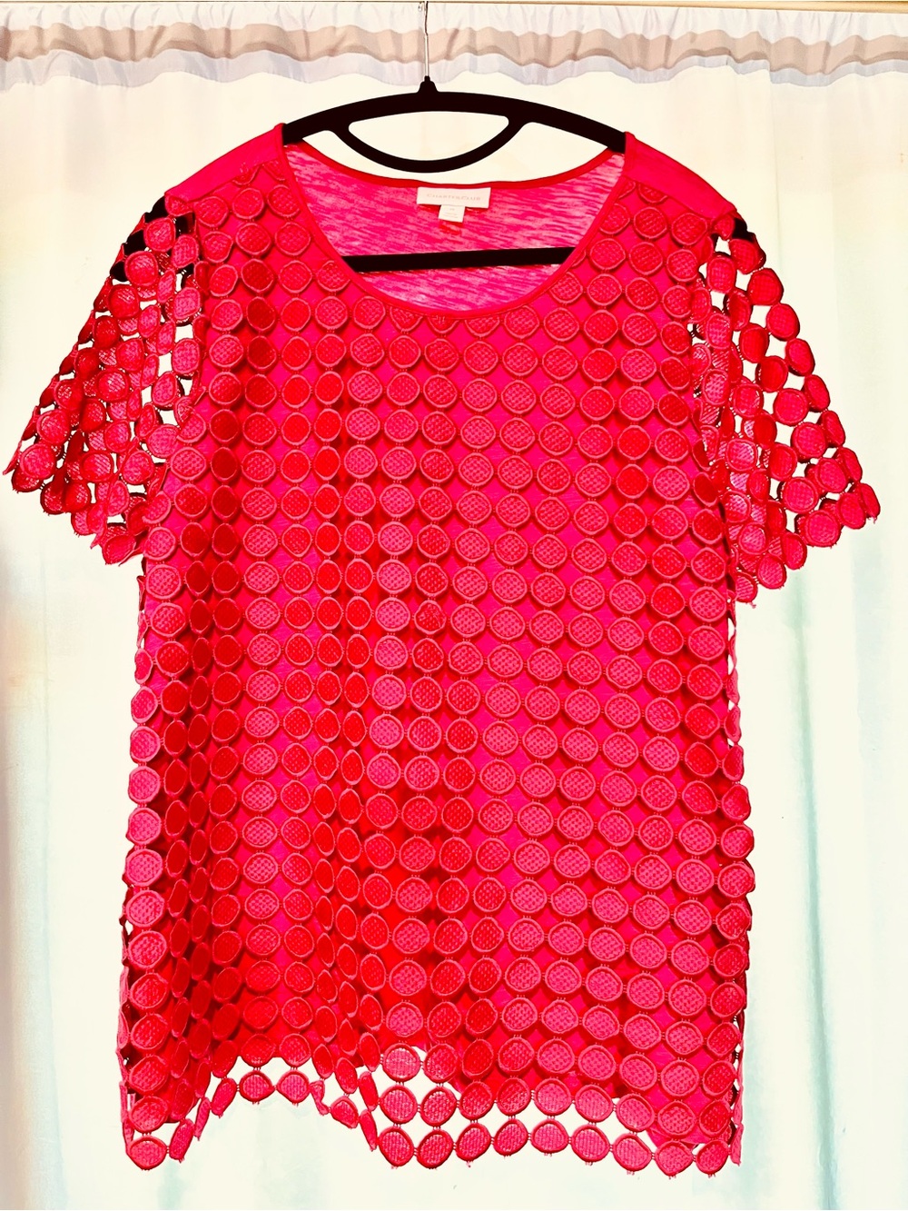 Charter Club, Medium, Hot Pink, Circle Appliqué OverlayTextured Short-Sleeve Top